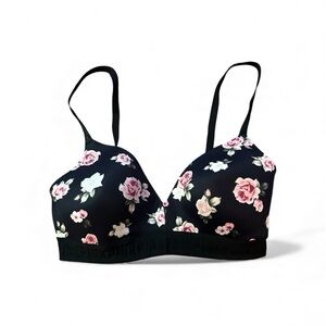 Pink Floral Black wirefree Bra Sz 36D